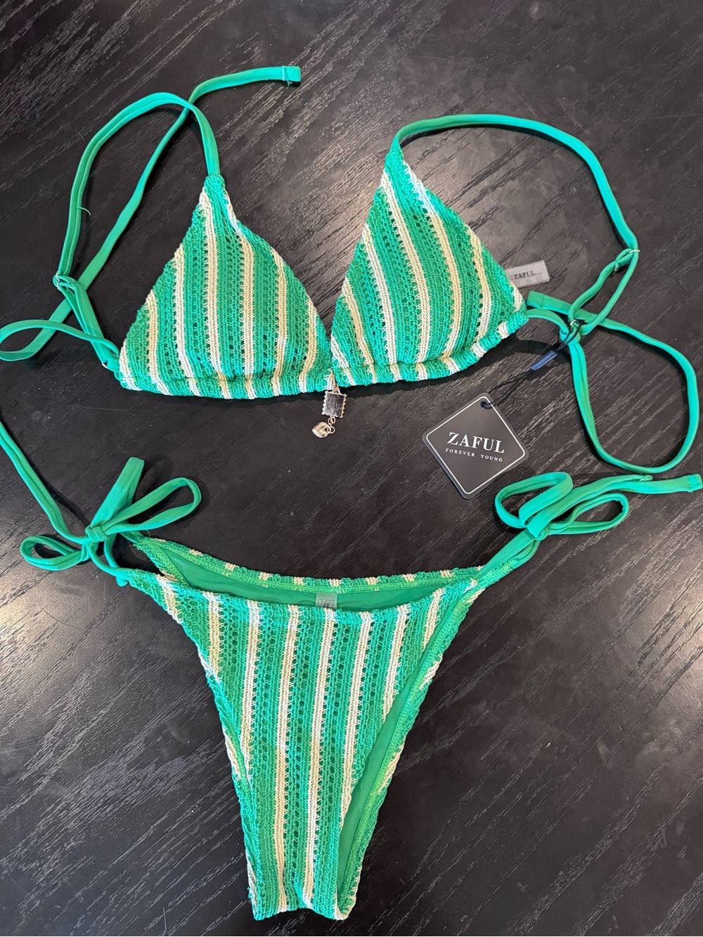 Zaful Green White Yellow Striped Crochet Triangle Bikini